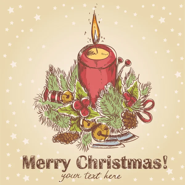 Ozdobený vánoční ručně tažené retro Pohlednice s roztomilý hořící svíce — Stockový vektor