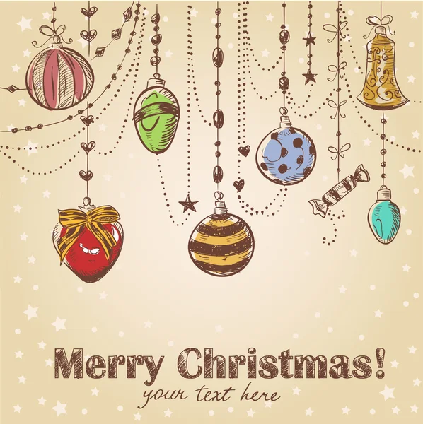 Boże Narodzenie ręcznie rysowane ozdobny pocztówka z Boże Narodzenie zabawki i kulki — Wektor stockowy