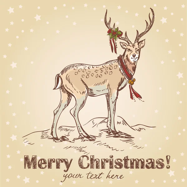 Słodkie Boże Narodzenie ręcznie rysowane retro pocztówkę z pięknym santa jelenia — Wektor stockowy