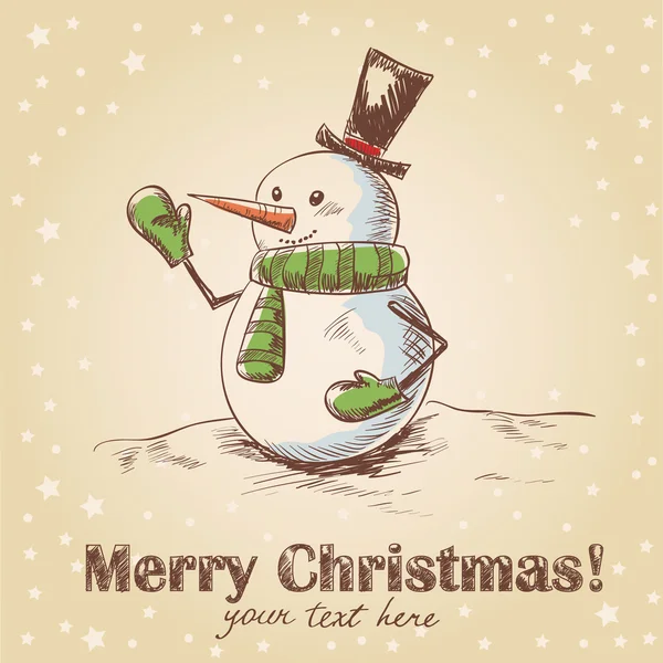 Tarjeta de Navidad vintage dibujada a mano con muñeco de nieve sonriente divertido — Vector de stock