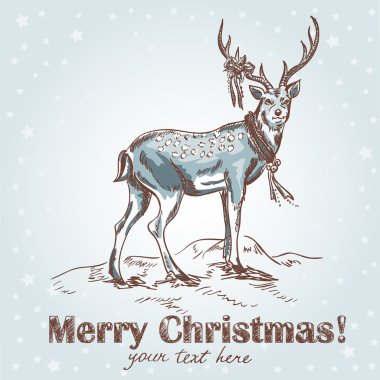 Cute Christmas hand drawn retro postcard with beautiful santa's deer clipart