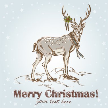 Cute Christmas hand drawn retro postcard with beautiful santa's deer clipart