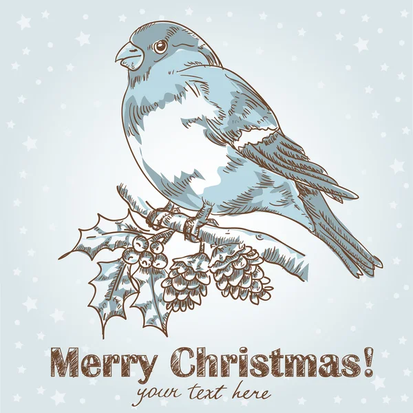 Christmas hand drawn postcard with bullfinch — Stock Vector