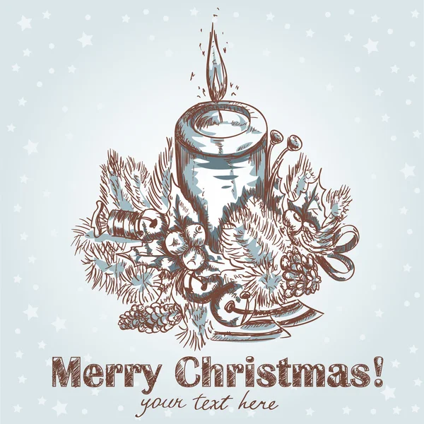 Postal dibujada a mano de Navidad adornada con vela — Vector de stock