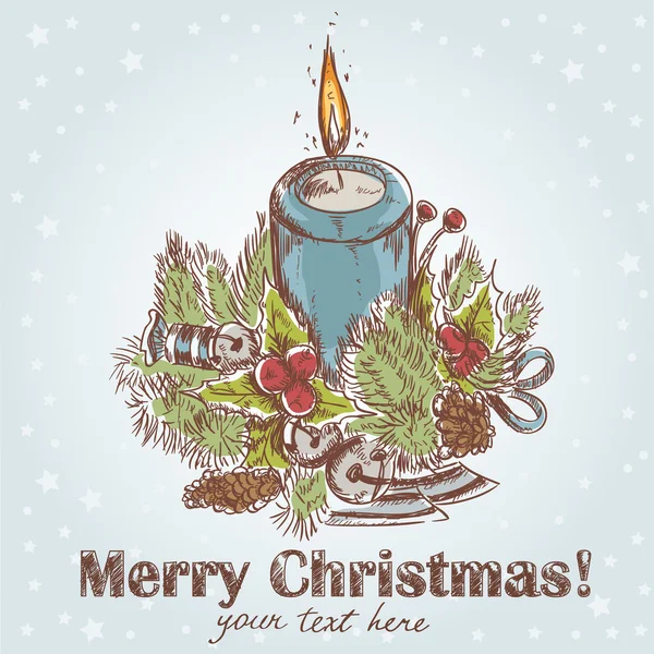 Περίτεχνα Χριστούγεννα χέρι που ρετρό καρτ ποστάλ με χαριτωμένο καίγοντας κερί — Διανυσματικό Αρχείο