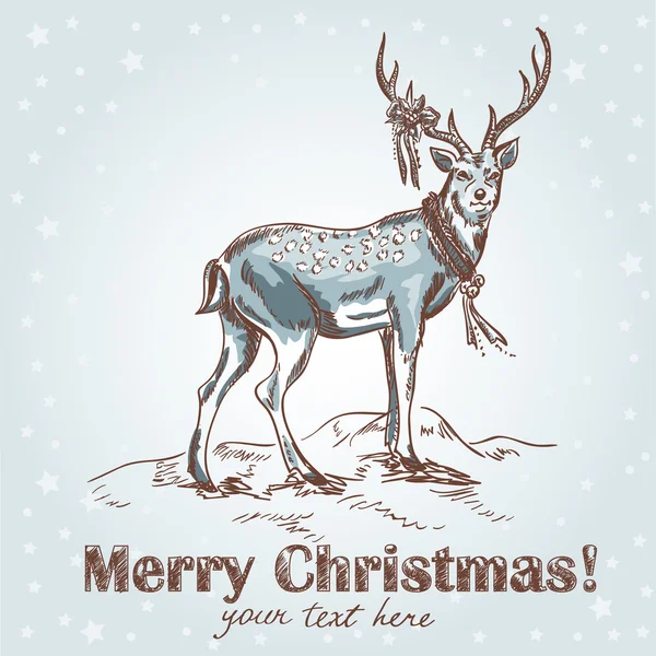可爱的圣诞手绘复古明信片与美丽圣诞老人的鹿 — 图库矢量图片