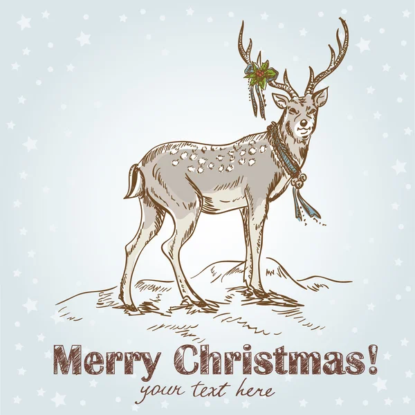 Bonita postal retro dibujada a mano de Navidad con hermoso ciervo de santa — Vector de stock
