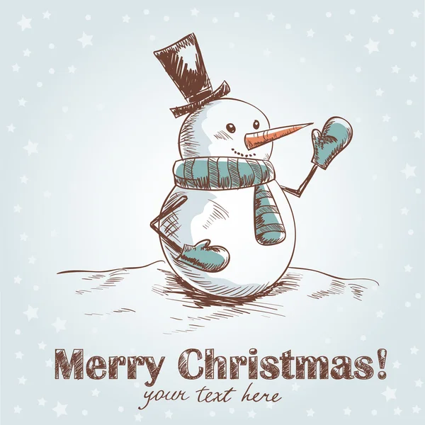Kézzel rajzolt vintage karácsonyi kártya mosolyogva vicces hóember — Stock Vector