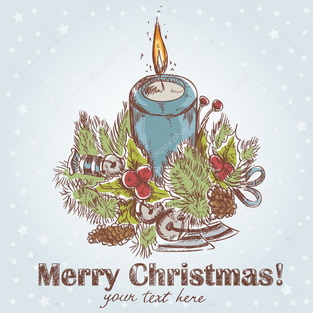 Ornate Christmas hand drawn retro postcard with cute burning candle
