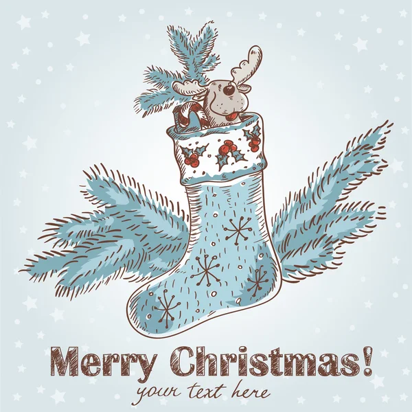 Weihnachten handgezeichnete Postkarte mit Strumpf — Stockvektor