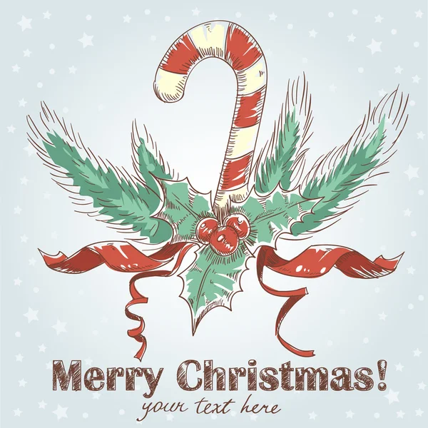 Carte postale de canne à bonbons dessinée à la main de Noël — Image vectorielle