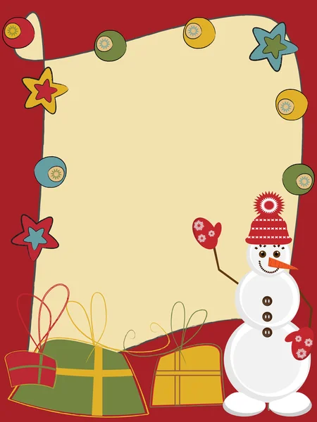 Karácsonyi és újévi köszöntés kártya hóember és ajándékok — Stock Vector
