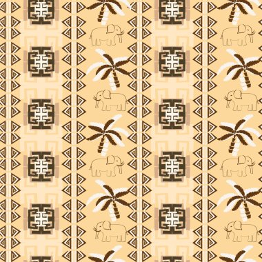 African style seamless pattern with elephants and palms clipart