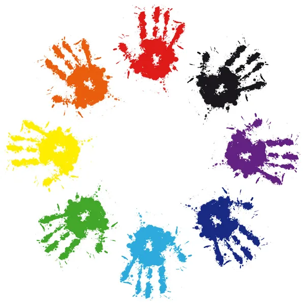 Εκτυπώσεις των χεριών από πολύχρωμα splash μελάνι — Διανυσματικό Αρχείο
