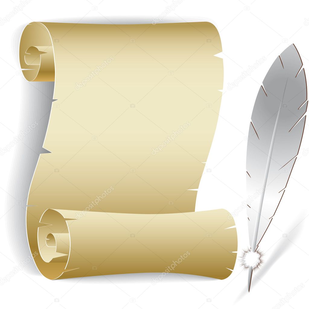 Old paper roll with feather