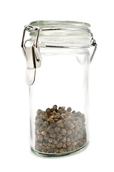 Peppercorns em frasco de vidro — Fotografia de Stock