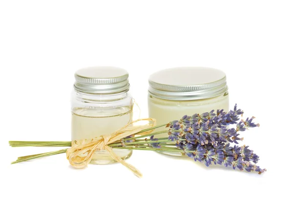 Jars with cream and lavender — Stock Photo, Image