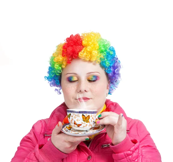 Rainbow Clown with cup of tea — Stock Photo, Image