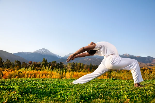 Yoga guerrier pose dans les montagnes — Photo
