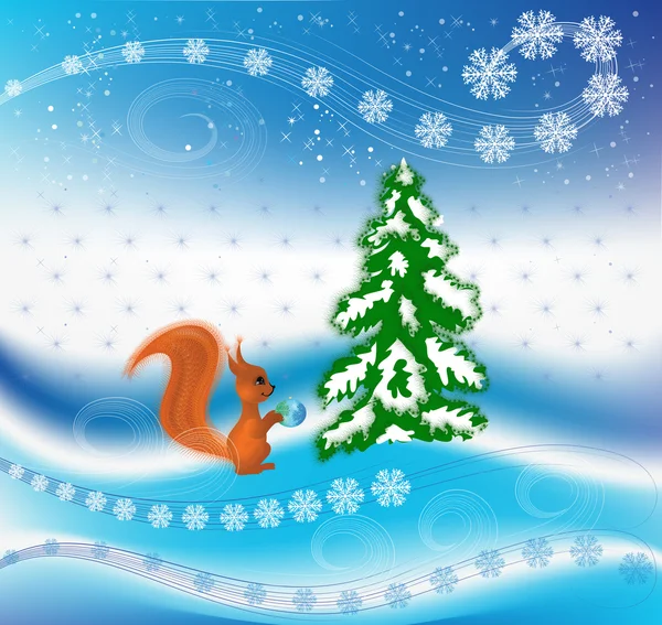 Squirrel decorates a Christmas tree — Stock Vector