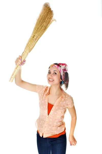 Girl with a broom — Stock Photo, Image