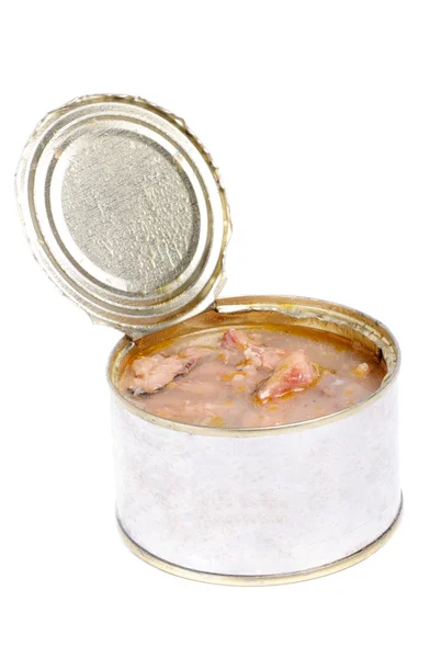 Open full can of sardines in olive oil on a white — Stock Photo, Image