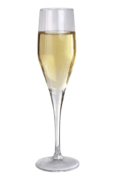Studio photography of a champagne glass half filled, isolated on white — Stock Photo, Image