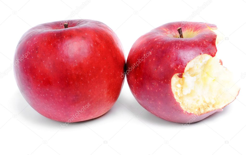 Whole and bitten red apples isolation on white background