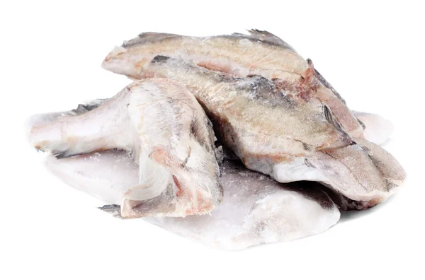 Κατεψυγμένα ψάρια Πόλοκ και μερλούκιου απομόνωση σε λευκό — Φωτογραφία Αρχείου