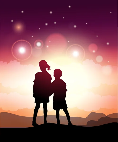 Niños mirando el cielo estrellado — Vector de stock