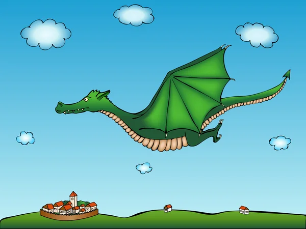 Flying dragon with village background — Stock Vector