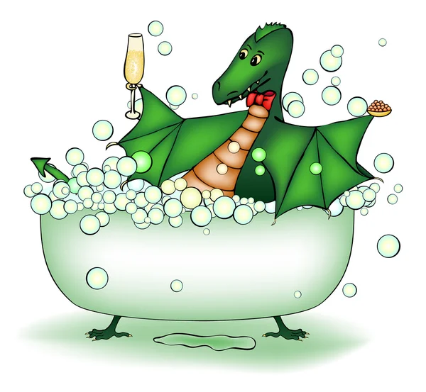 Dragón verde relajarse en el baño — Vector de stock