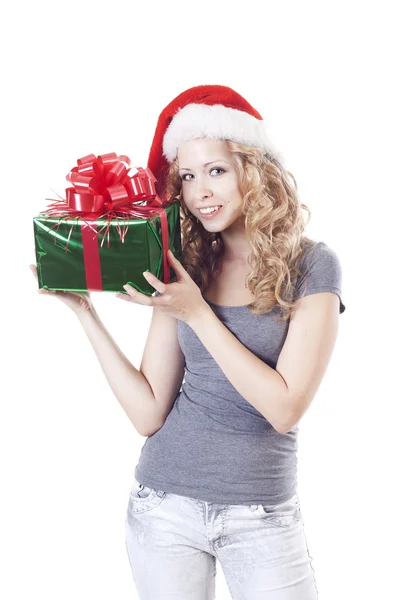 Pretty Santa girl with a present gift for New Year or Christmas — Stock Photo, Image