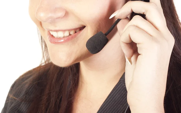 Uśmiechnięta kobieta operatora z zestawu słuchawkowego — Zdjęcie stockowe