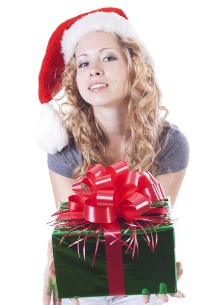 Дівчина Санта з подарунковим подарунком на Новий рік — стокове фото
