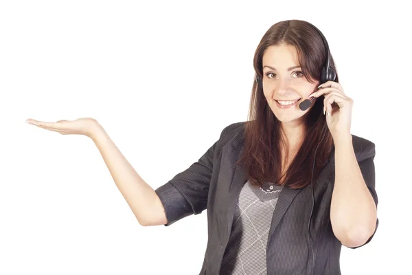 Woman operator with headset presenting your product — Stock Photo, Image