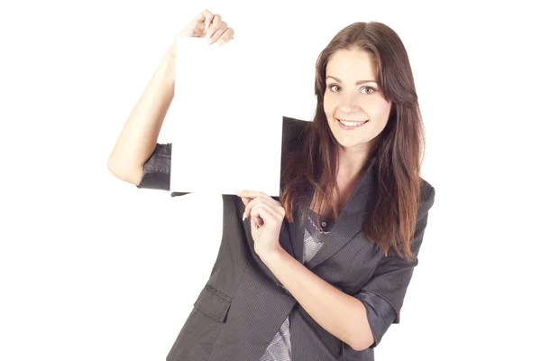 Young businesswoman holding empty blank — Stock Photo, Image