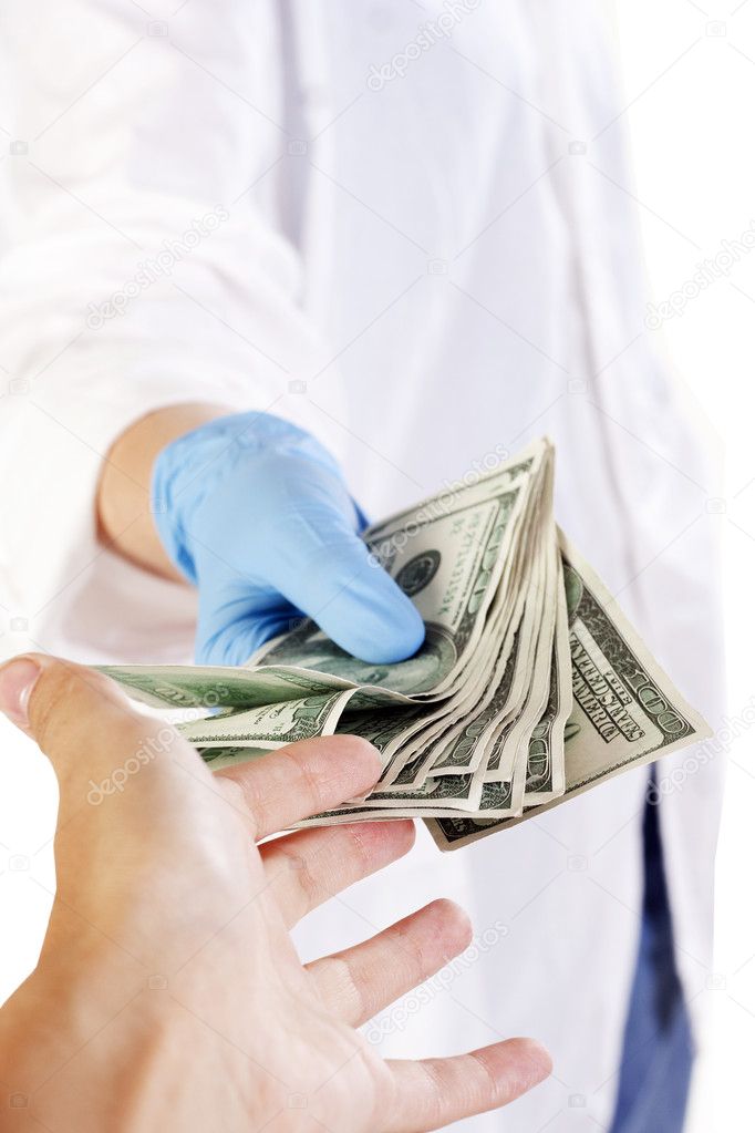 Doctor’s hand giving money