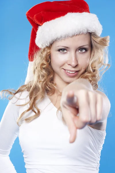 Young Santa woman pointing at you — Stock Photo, Image