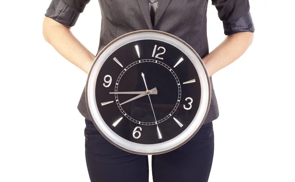Vrouw bedrijf klok — Stockfoto