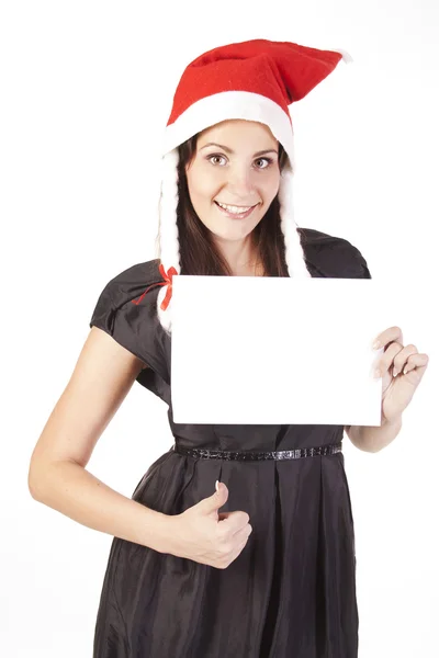 Santa menina mostrando mão ok sinal com um branco — Fotografia de Stock