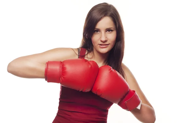 自信的年轻女人，与拳击手套 — 图库照片