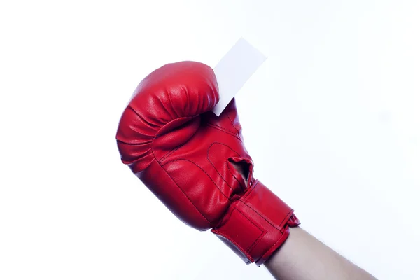 Boxing gloves holding empty business blank — Stock Photo, Image