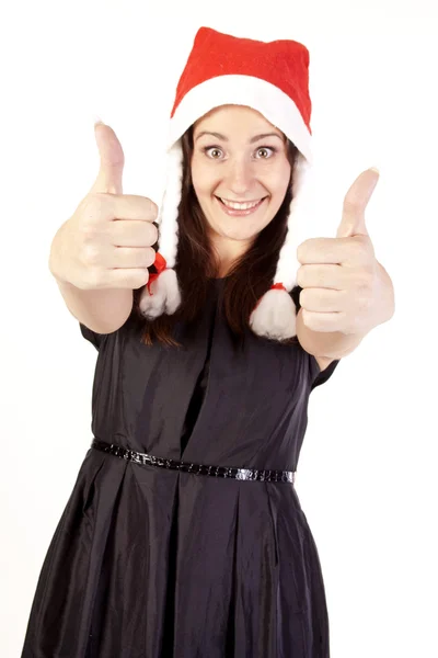 Hezká dívka santa ukazující ruka ok znamení — Stock fotografie