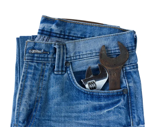 旧的工具的蓝色牛仔裤口袋 — 图库照片