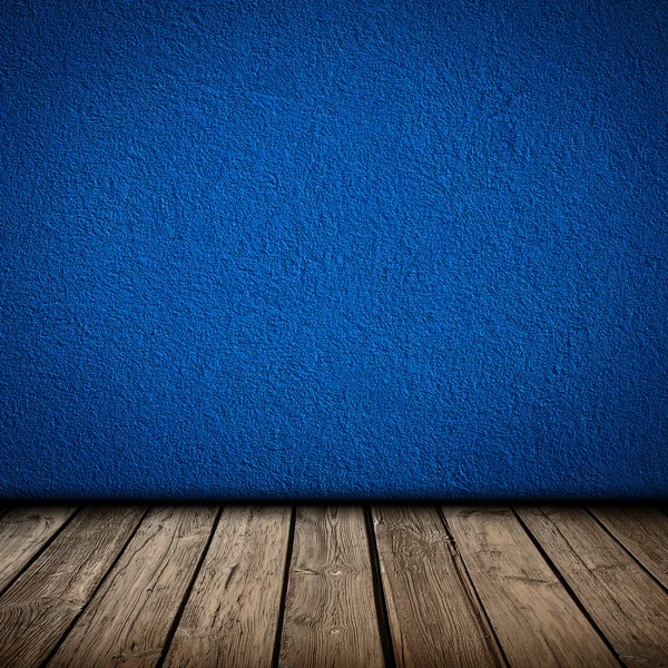 Mur bleu et plancher intérieur en bois — Photo