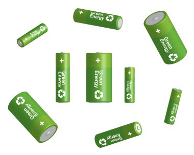 Vector 3D green batteries set with recycling symbol clipart