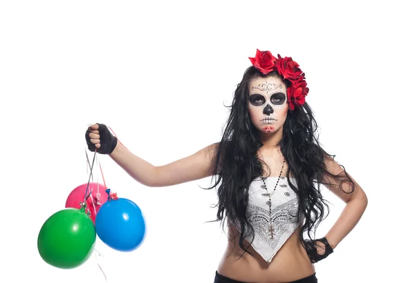 Disappointed woman in dead mask with ballons — Stock Photo, Image