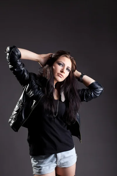Sexy woman in grunge style - leather jacket — Stock Photo, Image