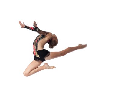 Young professional gymnast jump in dance clipart